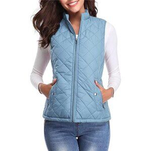 Women's Quilted Vest, Stand Collar Lightweight Zip Padded Gilet, Light Blue